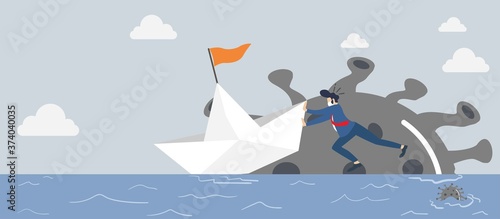 a businessman pushing a ship that is stranded on top of the coronavirus pathogen. Leadership to solve business and finance problem in Coronavirus COVID-19 crisis concept.