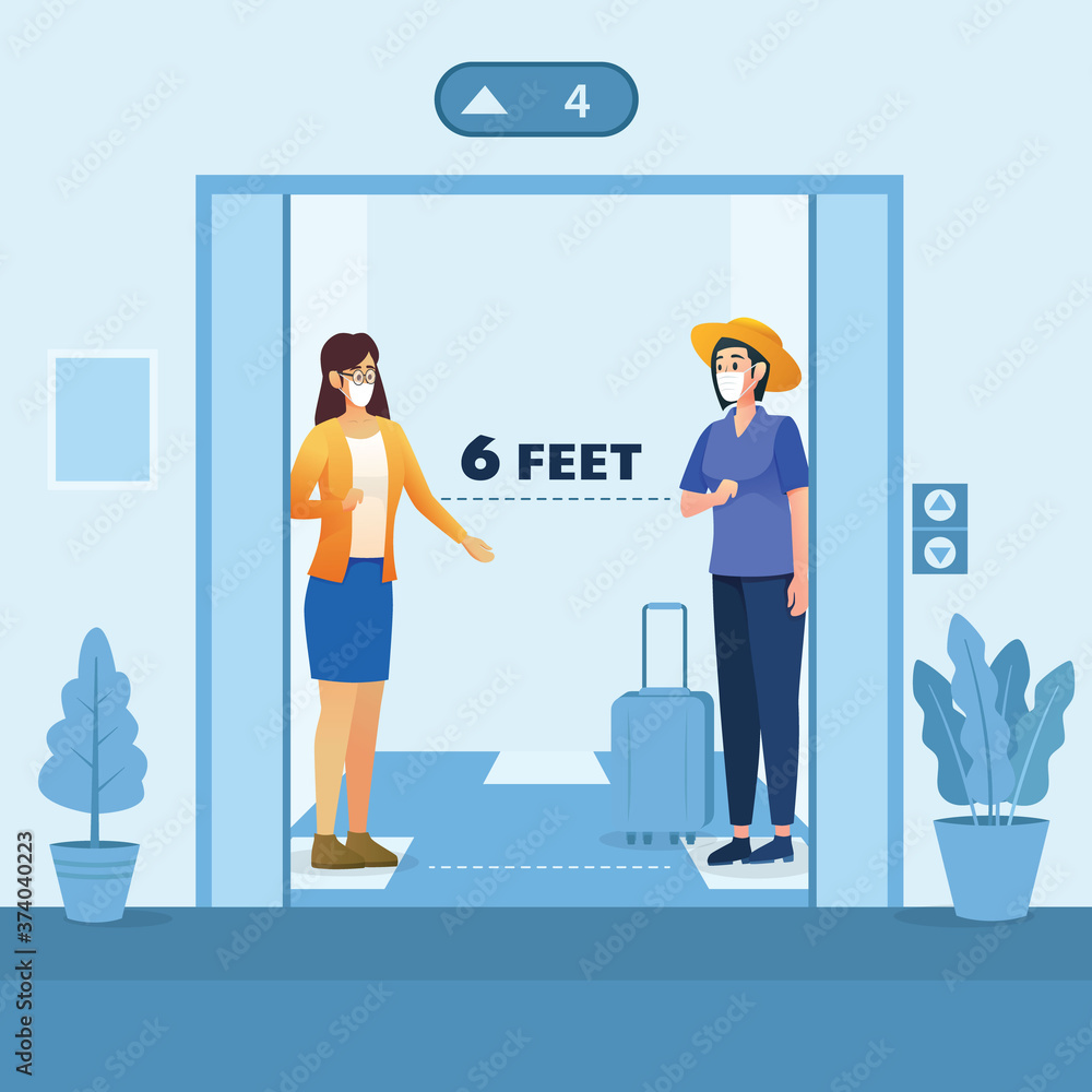 Obraz premium People social distancing at elevator while pandemic