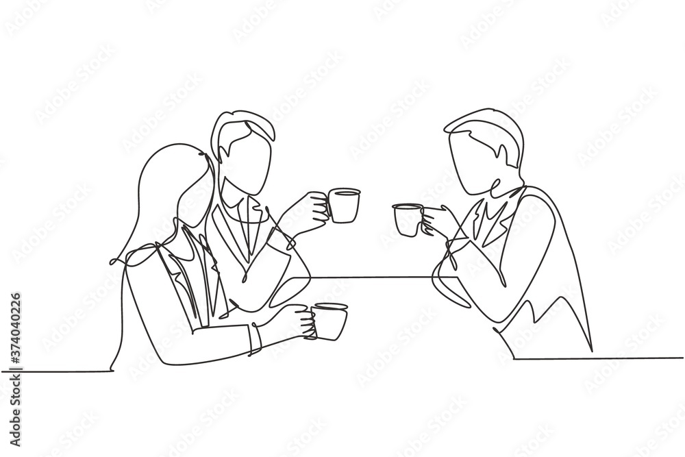 One continuous line drawing of young businessman and businesswoman doing business meeting at restaurant while holding a cup of coffee. Business talk concept. Single line draw design illustration One continuous line drawing of young businessman and businesswoman doing business meeting at restaurant while holding a cup of coffee. Business talk concept. Single line draw design illustration
