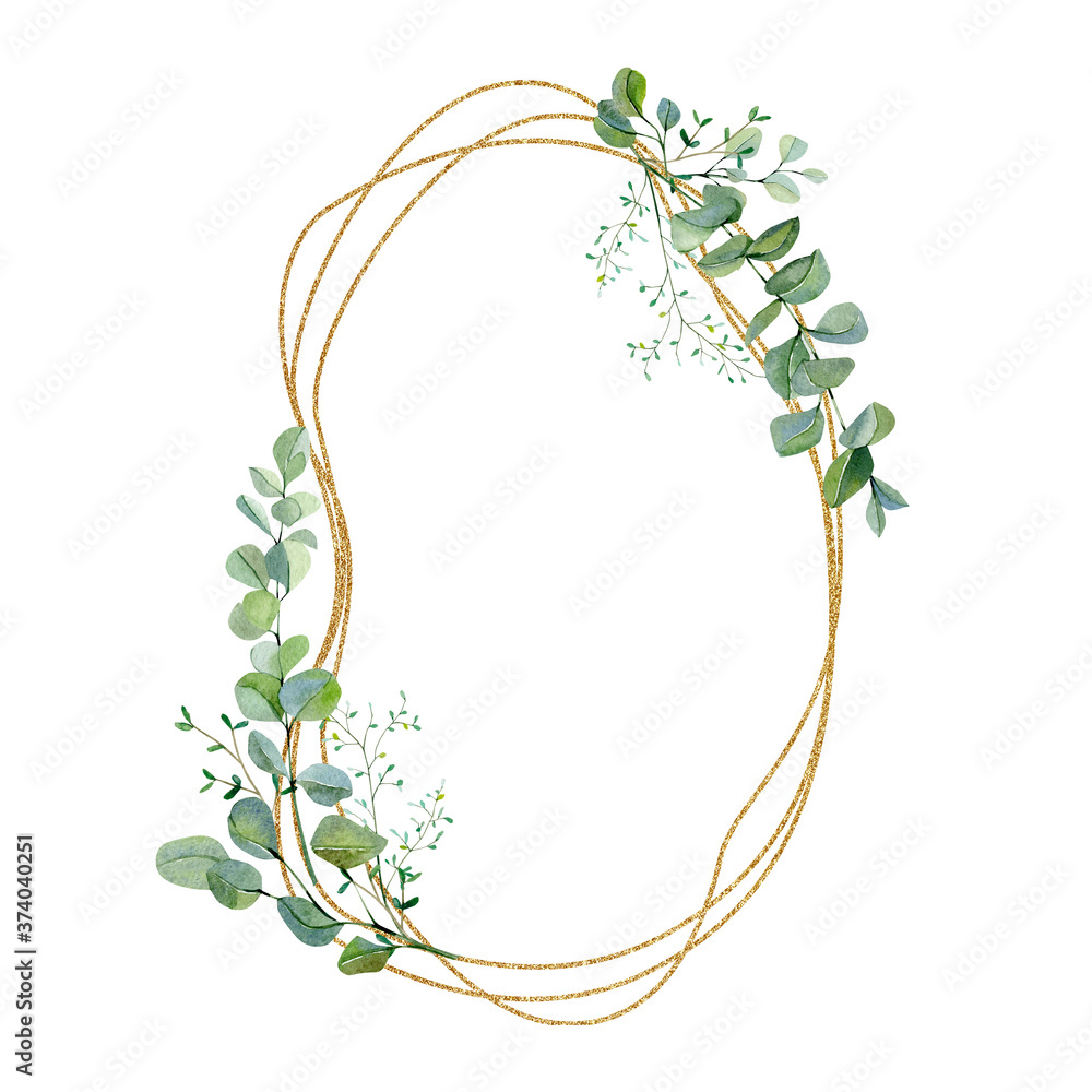 Watercolor frame with eucalyptus greenery leaves on golden frame. Green ...