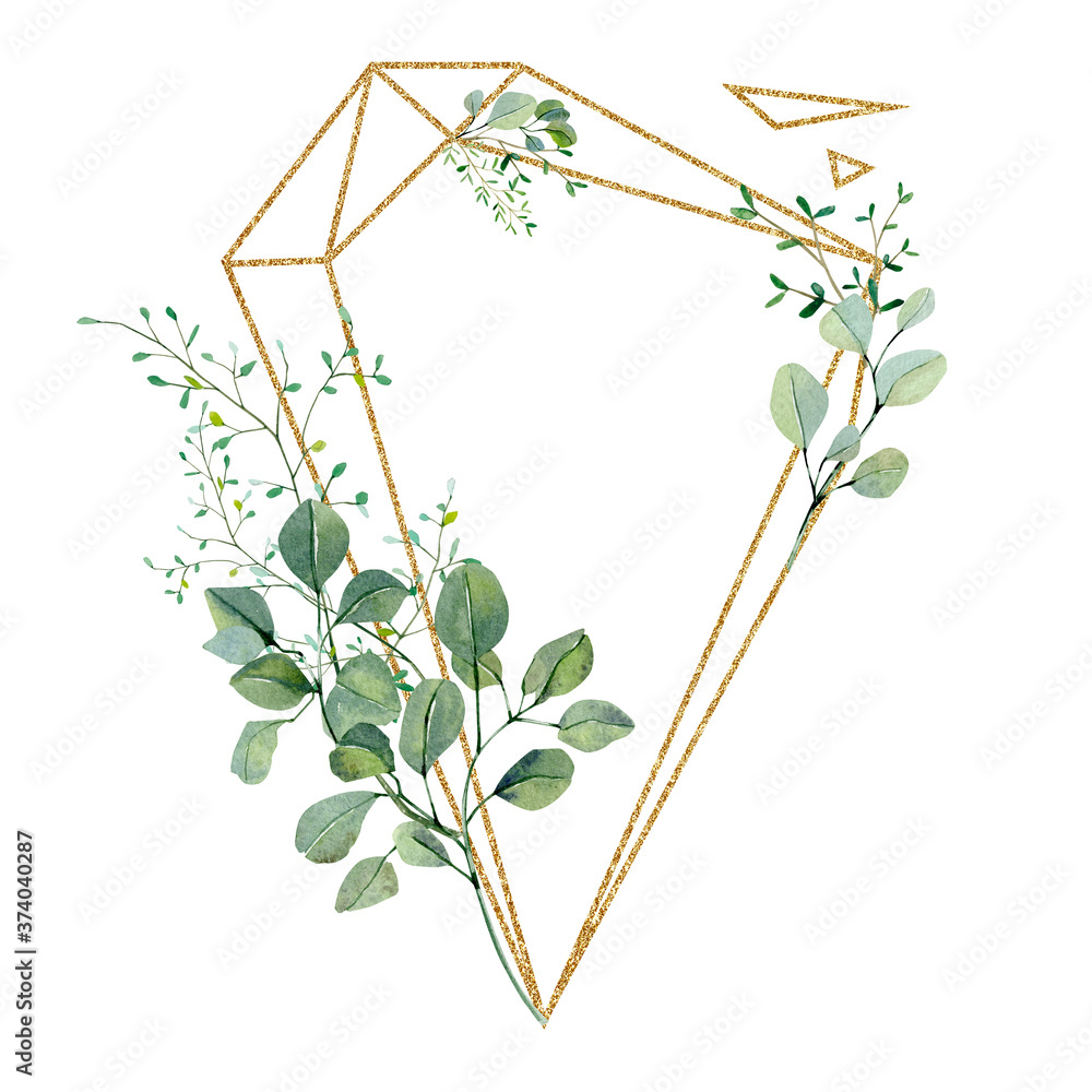 Watercolor green floral frame with eucalyptus leaves on golden frame ...