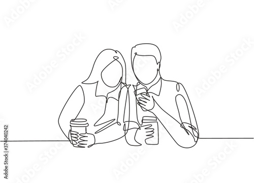 One continuous line drawing of young happy male and female couple lunch together while watching funny video on smartphone at coffee shop. Romantic concept. Single line draw design illustration