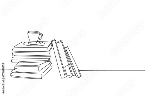 One continuous line drawing of pile of books and a cup of coffee on office desk. Work space table with books stack concept. Single line draw design illustration