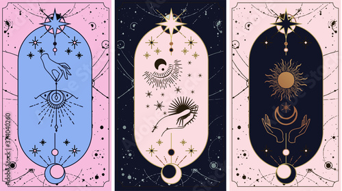 moon and sun tarot cards, Hands set in simple flat esoteric boho style. esoteric collection of logos with various symbols such as space star planet, gold and pink and pink cards
