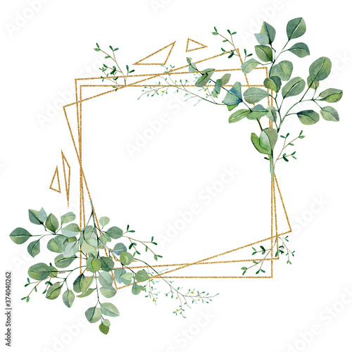 Watercolor frame with green floral, eucalyptus greenery leaves on golden frame. Baby nursery decor, greenery baby shower, wedding card, greenery invintation card.