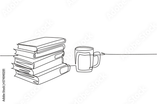 Single continuous line drawing of pile of books with a cup of hot black cappuccino coffee at public library. Book of educational concept. One line draw design illustration