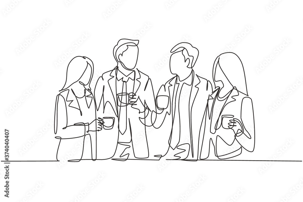 One single line drawing of young male and female office employees discussion together while office break time. Business talk concept. Continuous line draw design vector graphic illustration
