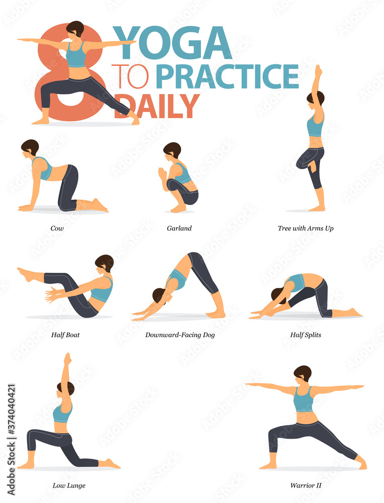 8 Yoga poses to practice daily concept. Woman exercising for body ...