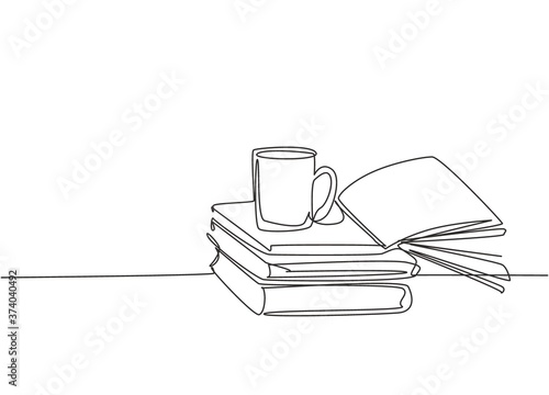 Single continuous line drawing of stack of books with a mug of coffee above on library desk. Business and education concept. One line draw graphic design vector illustration
