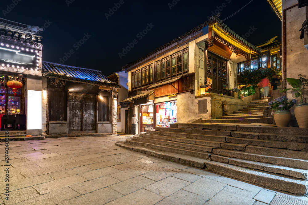 At night, the streets of Zhouzhuang Ancient Town, Suzhou, China