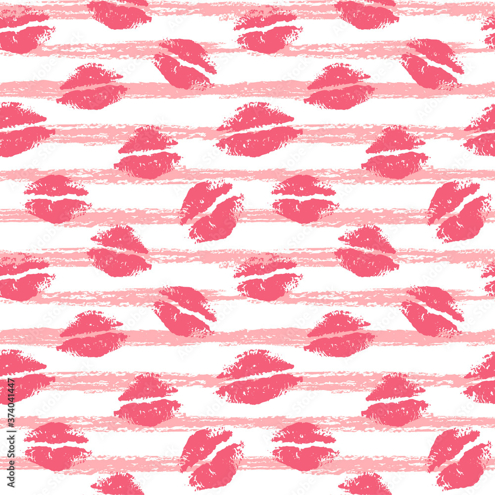 Beautiful pink lips on a background of light pink stripes. Seamless pattern. Lip print. Kisses. Freehand drawing. Flat vector illustration isolated on white background. Beautiful pink lips on a background of light pink stripes. Seamless pattern. Lip print. Kisses. Freehand drawing. Flat vector illustration isolated on white background.