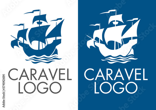 Caravel logo. Silhouette of an old sailing ship. Symbol for identity