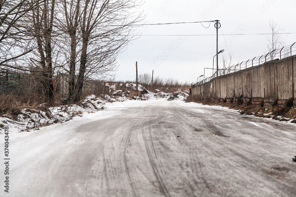 Winter road in industrial zone dead end Winter road in industrial zone dead end