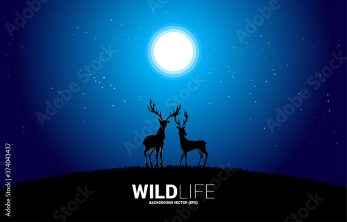 Silhouette of Big deer with night with moon and star background. for natural take care and save the environment.