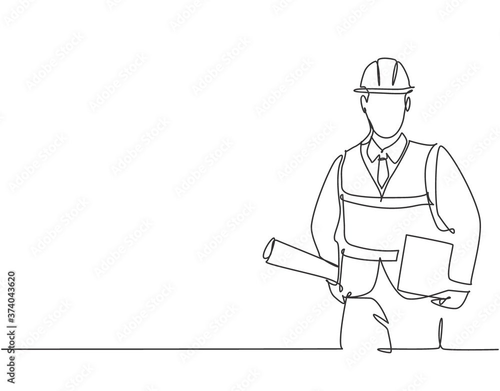 One single line drawing of young architect holding draft blueprint design roll paper and a clipboard. Building architecture business concept. Continuous line draw vector graphic design illustration