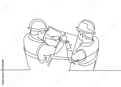 One continuous line drawing of young architect meeting at construction site to talk blueprint design to team member. Building architecture business concept. Single line draw design vector illustration