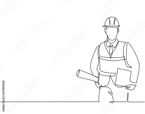 One single line drawing of young architect holding draft blueprint design roll paper and a clipboard. Building architecture business concept. Continuous line draw vector graphic design illustration