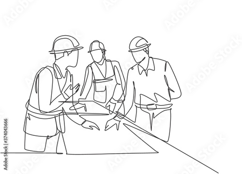 One continuous line drawing of young architects discussing construction design blueprint at office meeting. Building architecture business concept. Single line draw vector graphic design illustration