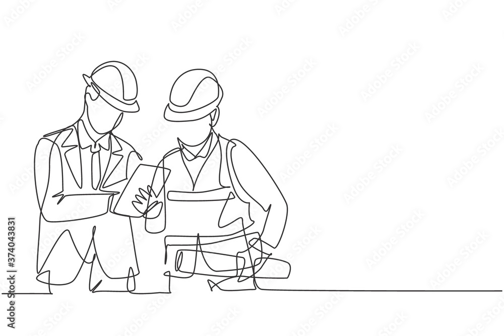 One single line drawing of young construction manager do short brief to builder coordinator. Building architecture business concept. Continuous line draw design vector graphic illustration