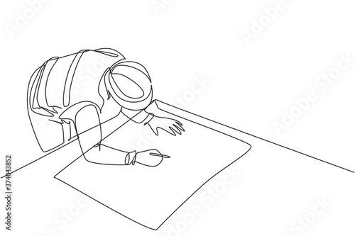 Single continuous line drawing of young architect draw sketch draft construction design on drawing table. Building architecture business concept. One line draw design illustration graphic vector