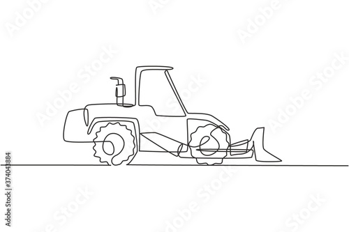 One continuous line drawing of bulldozer for paving and digging the road, commercial vehicle. Heavy construction trucks equipment concept. Dynamic single line draw design graphic vector illustration