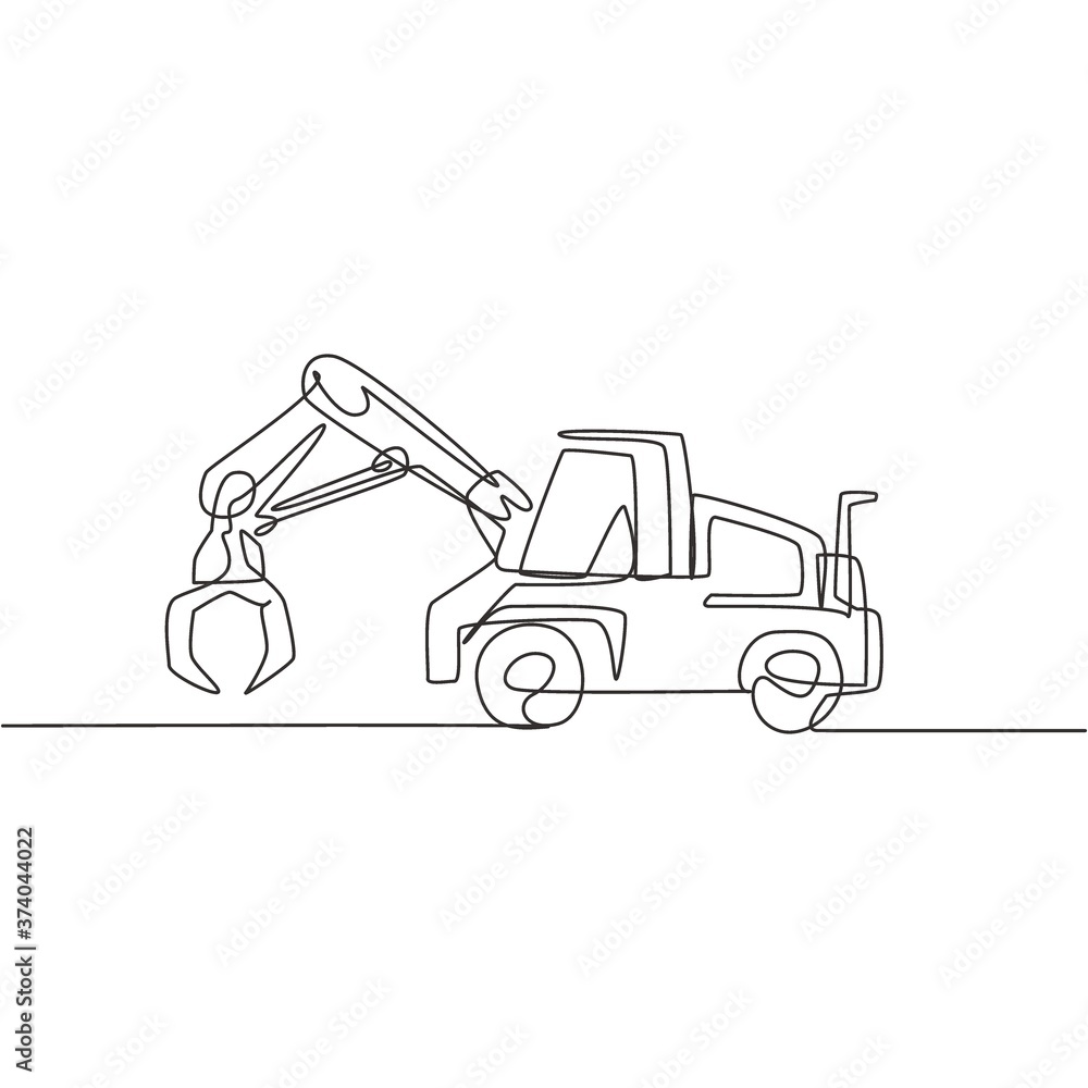 Single continuous line drawing of metal excavator for digging land, commercial vehicle. Heavy construction machines equipment concept. Trendy one line graphic draw design vector illustration Single continuous line drawing of metal excavator for digging land, commercial vehicle. Heavy construction machines equipment concept. Trendy one line graphic draw design vector illustration