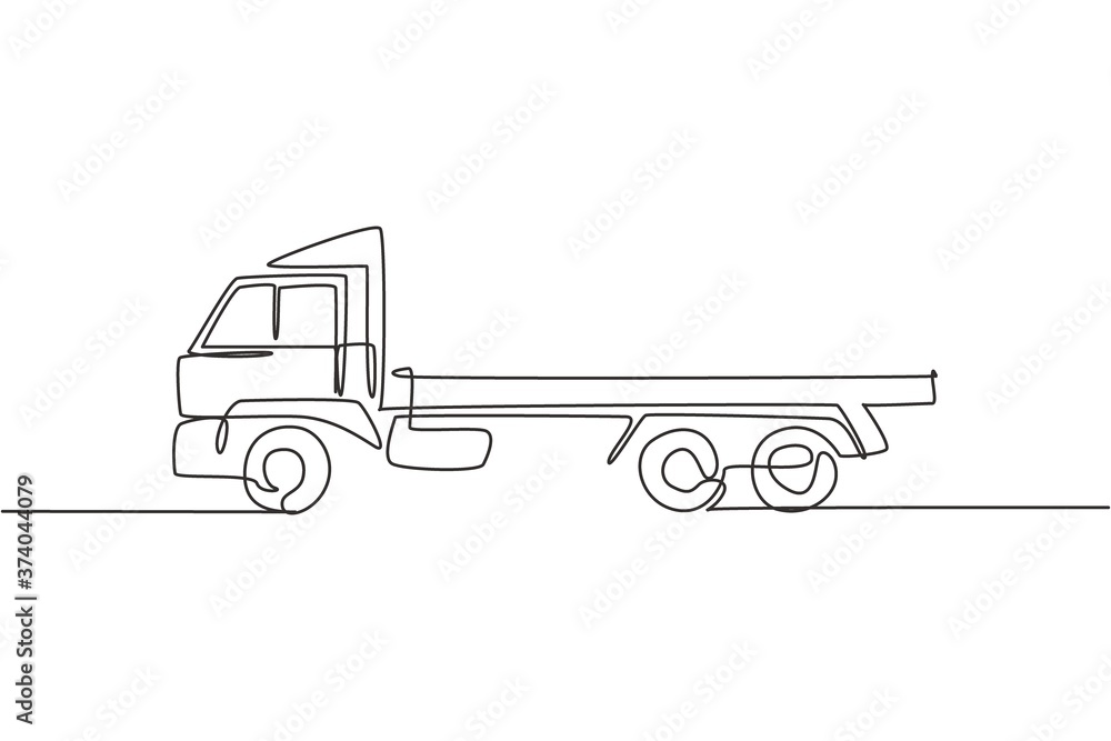 One continuous line drawing of long trailer truck for logistic delivery, commercial vehicle. Heavy construction trucks equipment concept. Dynamic single line draw design vector graphic illustration One continuous line drawing of long trailer truck for logistic delivery, commercial vehicle. Heavy construction trucks equipment concept. Dynamic single line draw design vector graphic illustration