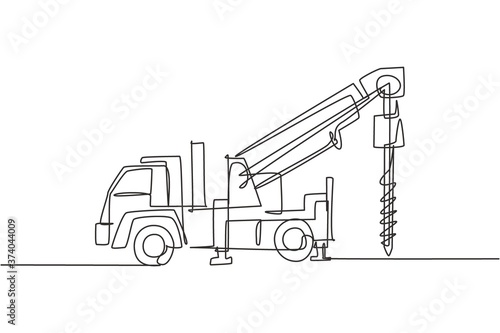 Single continuous line drawing of vehicle driller for drilling soil earth work. Heavy construction machines equipment concept. Trendy one line draw design vector graphic illustration