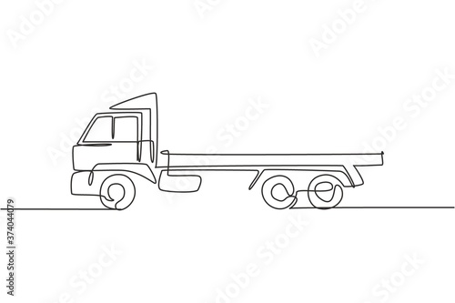 One continuous line drawing of long trailer truck for logistic delivery, commercial vehicle. Heavy construction trucks equipment concept. Dynamic single line draw design vector graphic illustration
