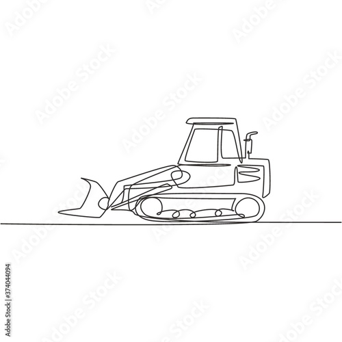 Single continuous line drawing of bulldozer for road repair, business commercial vehicle. Heavy backhoe construction machines equipment concept. Trendy one line draw design graphic vector illustration