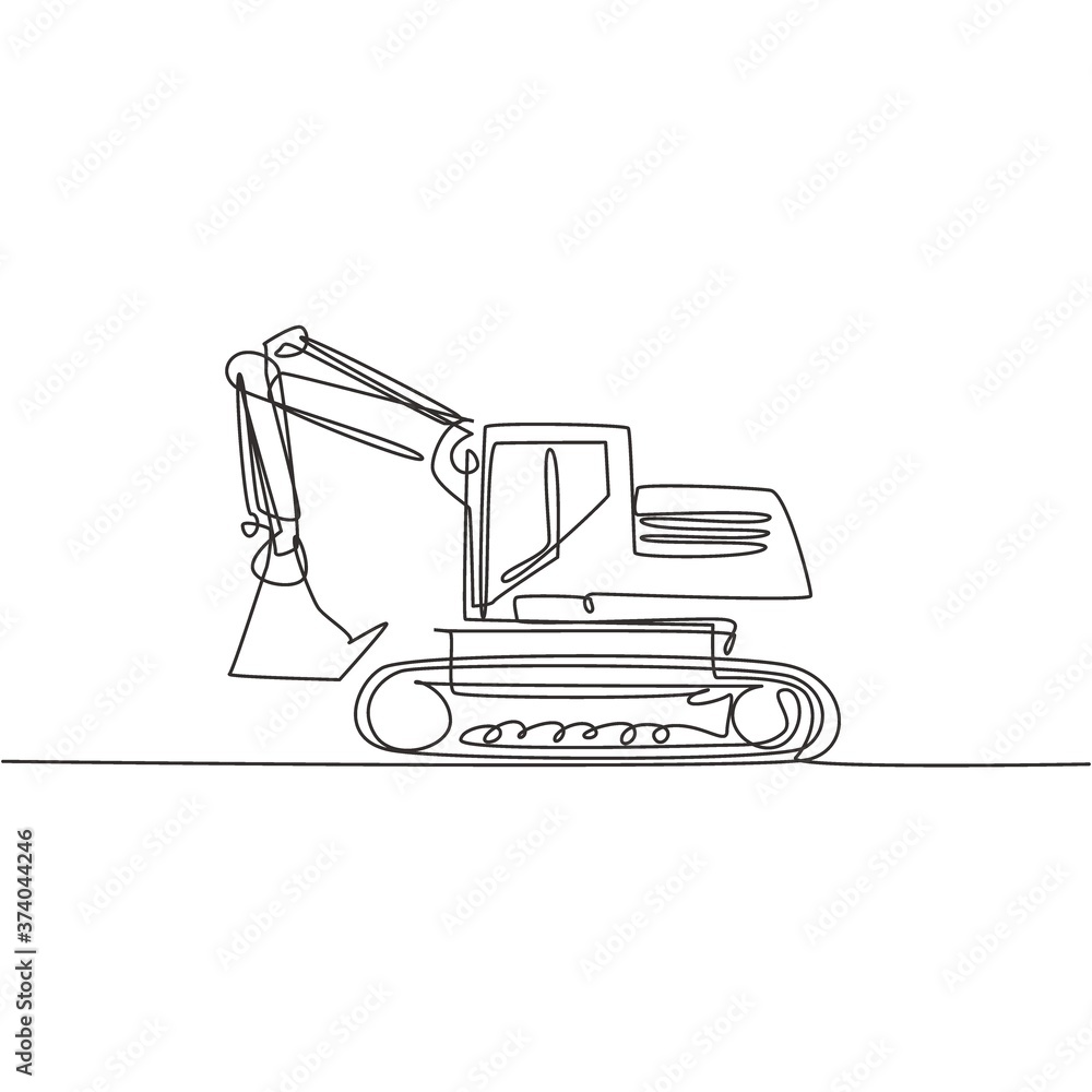 One single line drawing of excavator for digging soil vector illustration, business transportation. Heavy machines vehicles construction concept. Modern continuous line draw design graphic