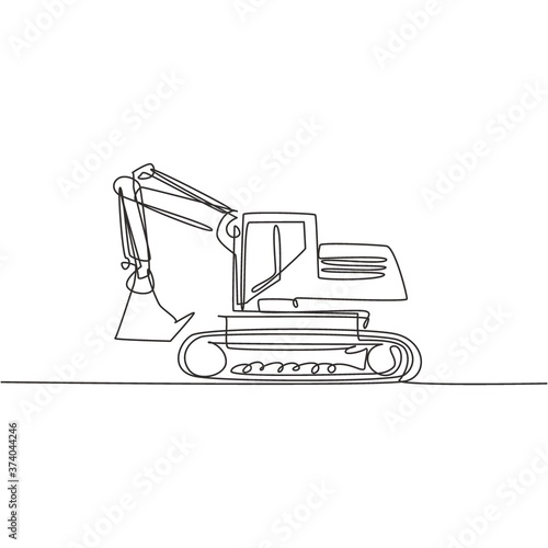 One single line drawing of excavator for digging soil vector illustration, business transportation. Heavy machines vehicles construction concept. Modern continuous line draw design graphic