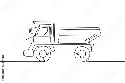 Single continuous line drawing of big dump truck for delivery coal mining. Haul truck, business vehicle. Heavy transport machines equipment concept. Trendy one line draw design vector illustration