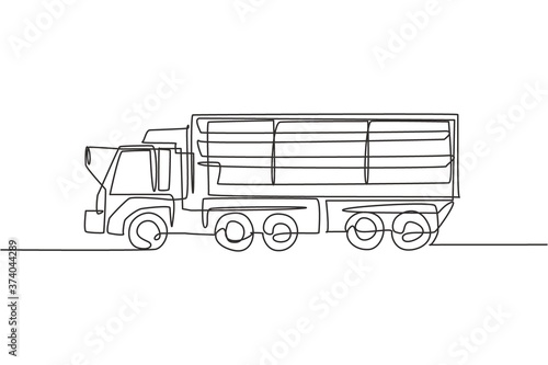 One single line drawing of long truck trailer vector illustration. Business commercial vehicles. Heavy machines vehicles for logistic delivery concept. Modern continuous line graphic draw design