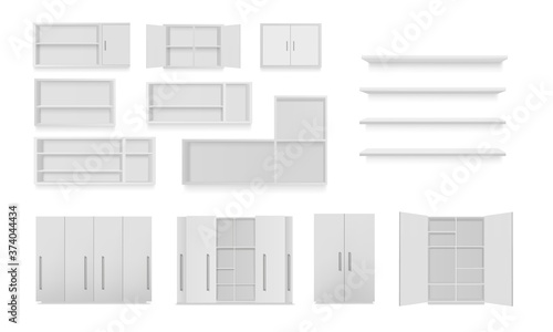 Vector set of cabinets isolated on white background. Bathroom cabinet, wardrobe, wall shelf, empty bookshelf. Mockup 3d illustration