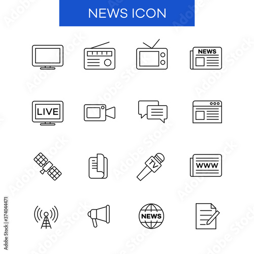 A set of icons from a news broadcast. Suitable for design elements from news events, newspaper, radio and journalism activities. Simple line icon of news and information source device.