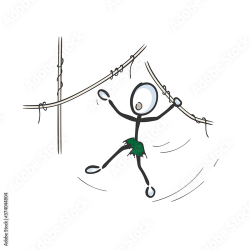 Wild jungle boy child. Feral man jumping trees vines like monkey. Vector simple. Stickman no face clipart cartoon. Hand drawn. Doodle sketch, graphic illustration