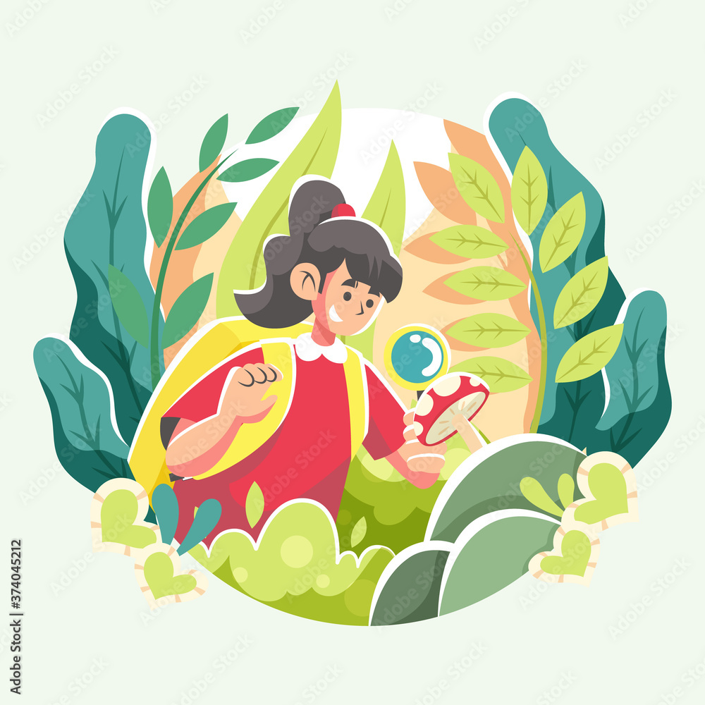 Ecotourism Floral Girl Studying A Mushroom In the Forest Ecotourism Floral Girl Studying A Mushroom In the Forest