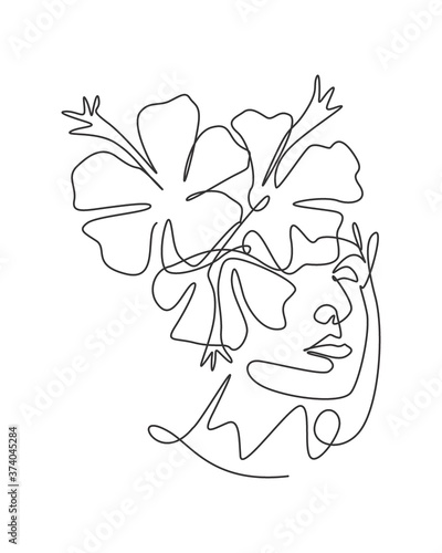 One single line drawing beauty abstract face with natural flowers vector illustration. Woman portrait minimalistic style concept for wall art decor print. Modern continuous line draw graphic design