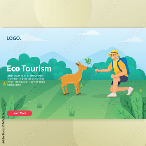 Landing page eco tourism with man and deer