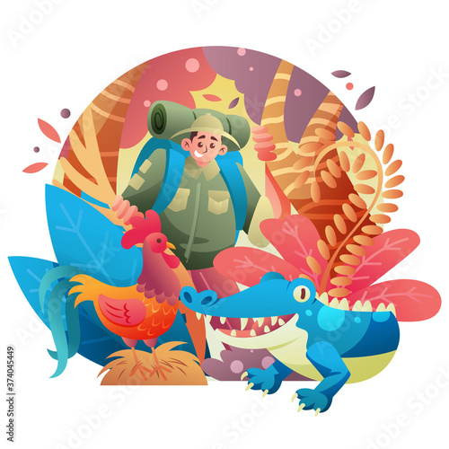 Floral Ecotourism Park With Man with Crocodile And Rooster