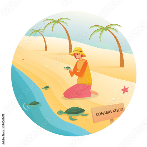 Women releases baby turtle into the sea for Ecotourism Illustration © nawasena