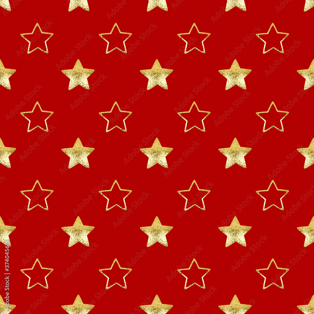 Seamless pattern of golden stars on red background isolated, decorative shiny gold stars repeating ornament, bright glittering Сhristmas starry decoration backdrop, New Year wallpaper, holiday texture Seamless pattern of golden stars on red background isolated, decorative shiny gold stars repeating ornament, bright glittering Сhristmas starry decoration backdrop, New Year wallpaper, holiday texture