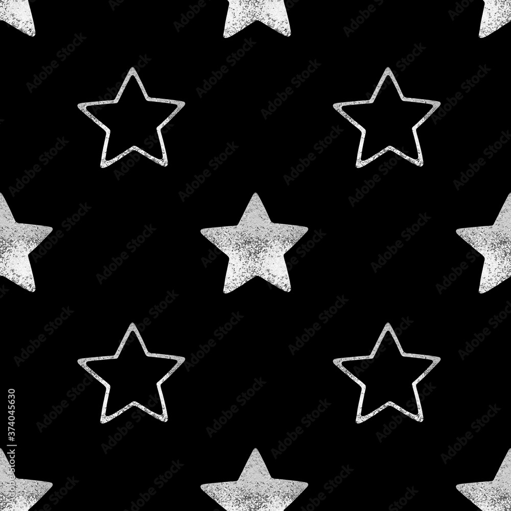Seamless pattern silver stars black background isolated, decorative shiny silver stars repeating ornament, bright glittering Сhristmas starry decoration backdrop, New Year wallpaper, holiday texture