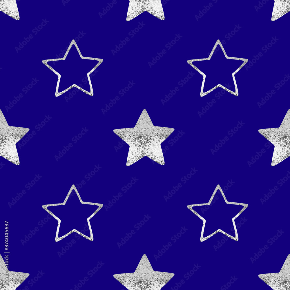 Obraz premium Seamless pattern of silver stars on blue background isolated, decorative shiny stars repeating ornament, bright glittering Сhristmas starry decoration backdrop, New Year wallpaper, holiday texture