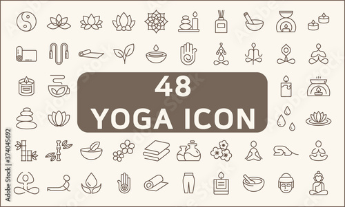Set of 48 yoga and spa icons line style. It contains such Icons as wellness, pose, beauty, peace, therapy and other elements. customize color, stroke width control , easy resize.