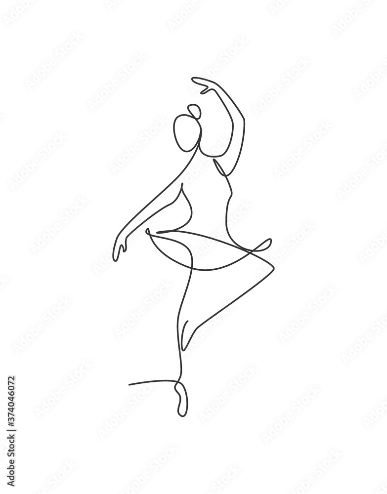 One single line drawing sexy woman beauty ballerina vector illustration. Pretty ballet dancer shows dance motion concept. Minimalist wall decor poster print. Modern continuous line graphic draw design One single line drawing sexy woman beauty ballerina vector illustration. Pretty ballet dancer shows dance motion concept. Minimalist wall decor poster print. Modern continuous line graphic draw design