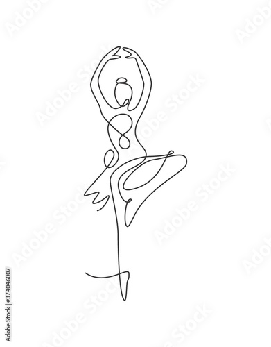 Single continuous line drawing pretty ballerina in ballet motion dance style. Beauty sexy dancer concept logo, Minimalist poster print art. Trendy one line draw design vector graphic illustration