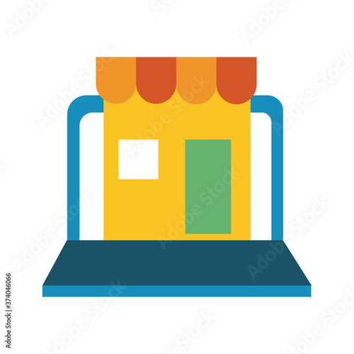 store front in laptop line and fill style icon