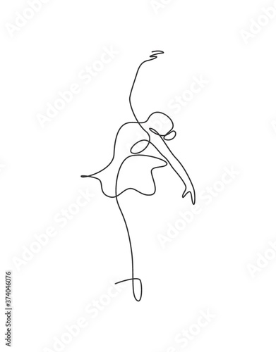 One continuous line drawing woman beauty ballet dancer in elegance motion. Sexy girl ballerina performs art dance concept. Wall decor print. Dynamic single line draw design vector graphic illustration
